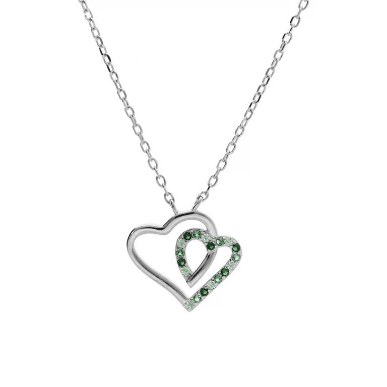 Collier cœur serti d’oxydes verts et blancs double rang – Argent 925 rhodié | Azuline