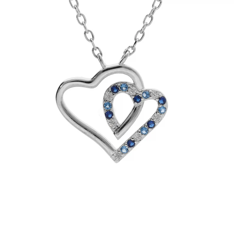 Collier cœur serti d’oxydes bleus et blancs double rang – Argent 925 rhodié | Azuline