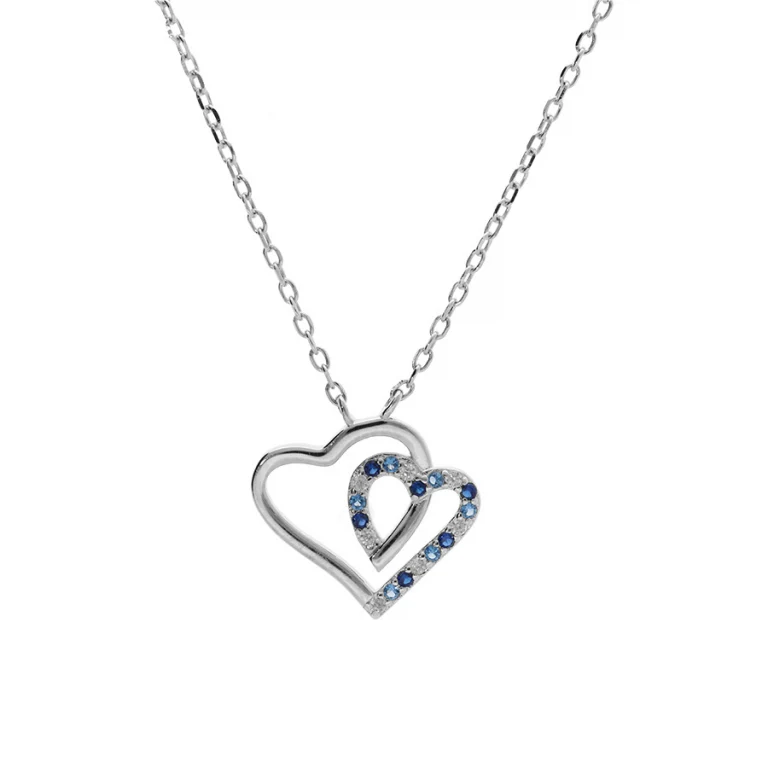 Collier cœur serti d’oxydes bleus et blancs double rang – Argent 925 rhodié | Azuline