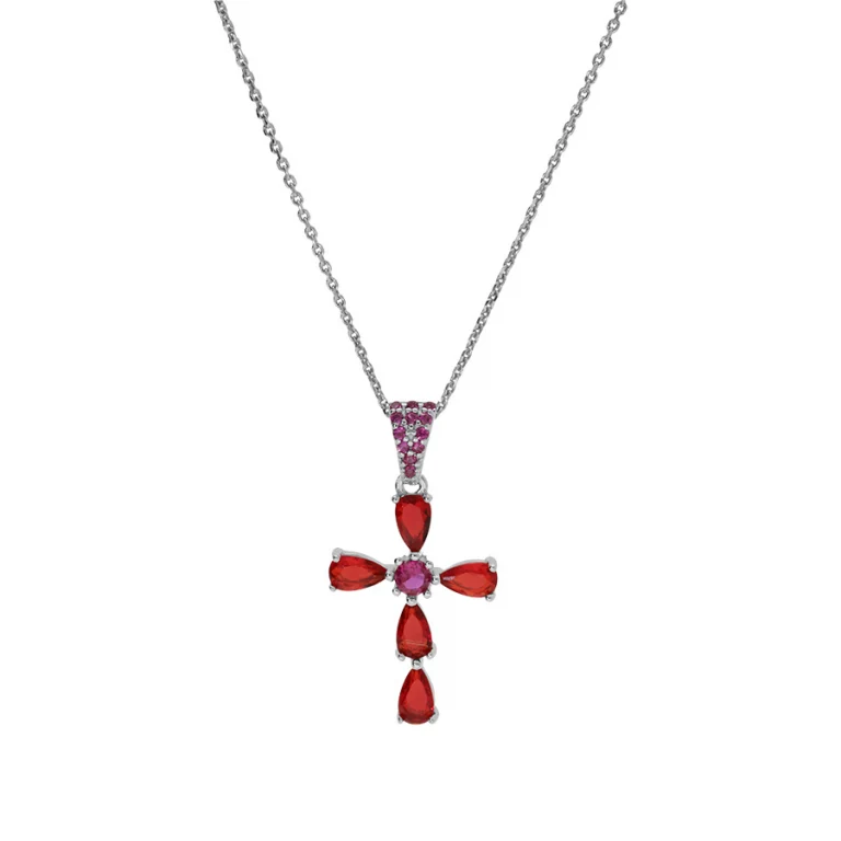 Collier croix serti d’oxydes rouges petit modèle – Argent 925 rhodié | Azuline