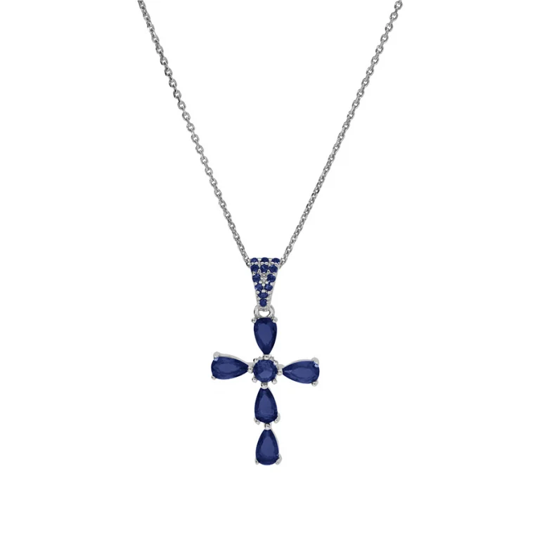 Collier croix serti d’oxydes bleu foncé – Argent 925 rhodié | Azuline