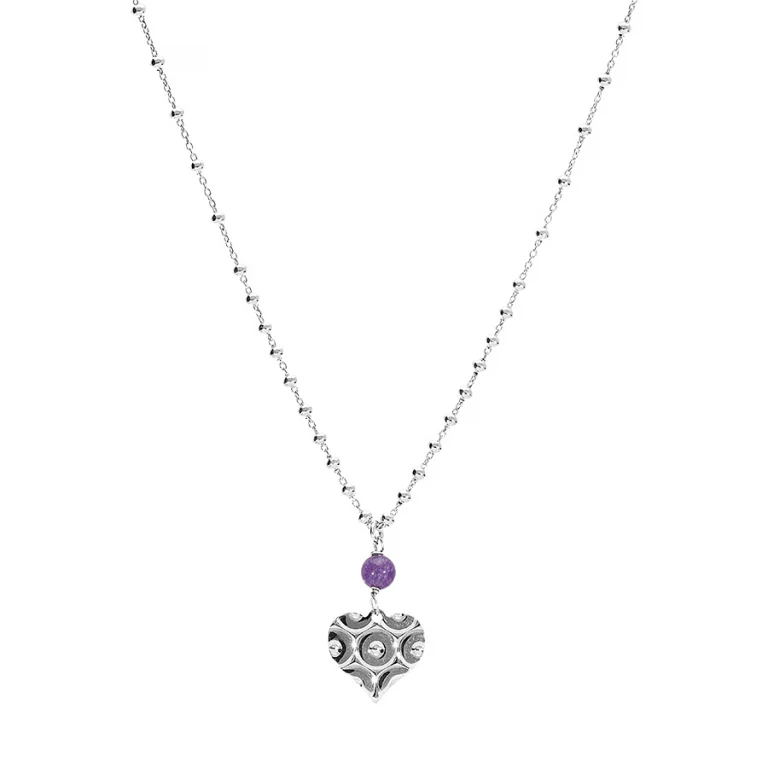 Collier cœur martelé à jade violette véritable – Argent 925 rhodié | Azuline