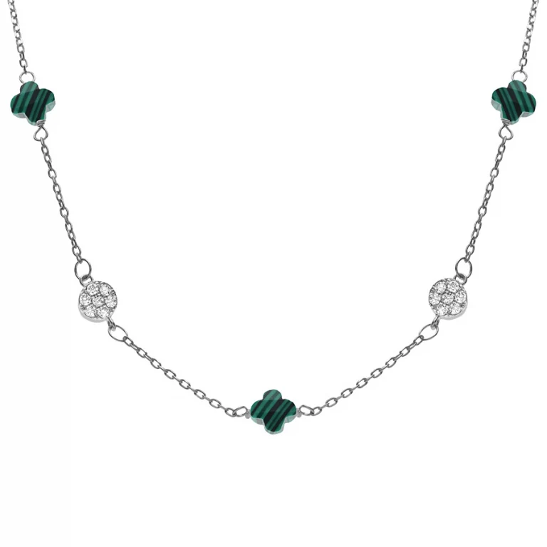 Collier trèfles en verre vert malachite imitation et pastilles d’oxydes – Argent 925 rhodié | Azuline