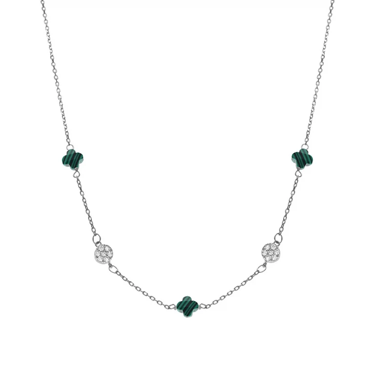 Collier trèfles en verre vert malachite imitation et pastilles d’oxydes – Argent 925 rhodié | Azuline