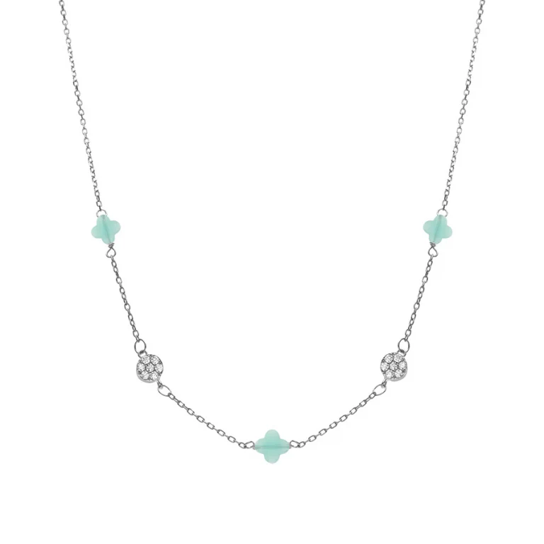 Collier trèfles en verre bleu glacier et pastilles d’oxydes – Argent 925 rhodié | Azuline