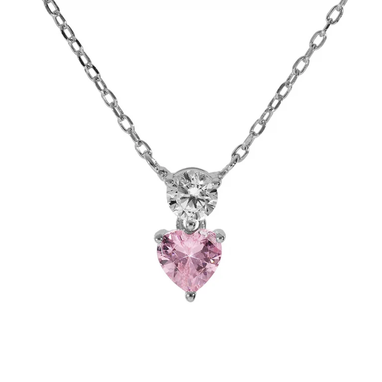 Collier cœur serti d’oxydes rose et blanc – Argent 925 rhodié | Azuline