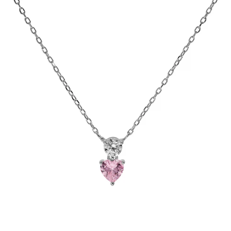 Collier cœur serti d’oxydes rose et blanc – Argent 925 rhodié | Azuline