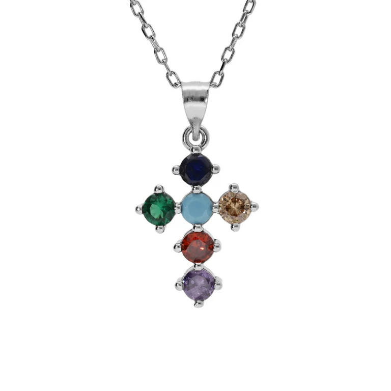Collier croix serti d’oxydes multicolores – Argent 925 rhodié | Azuline