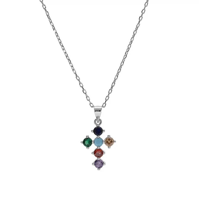 Collier croix serti d’oxydes multicolores – Argent 925 rhodié | Azuline