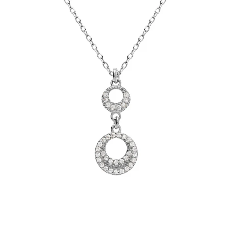 Collier deux cercles évidés sertis d’oxydes blancs – Argent 925 rhodié | Azuline