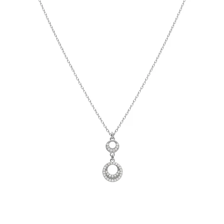 Collier deux cercles évidés sertis d’oxydes blancs – Argent 925 rhodié | Azuline