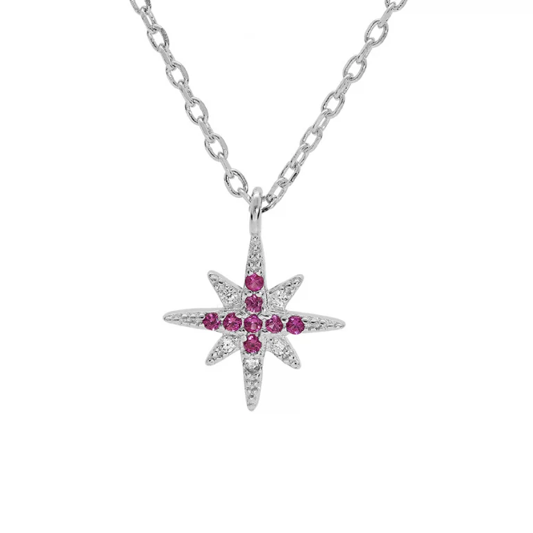 Collier étoile serti d’oxydes fuchsia et blancs – Argent 925 rhodié | Azuline
