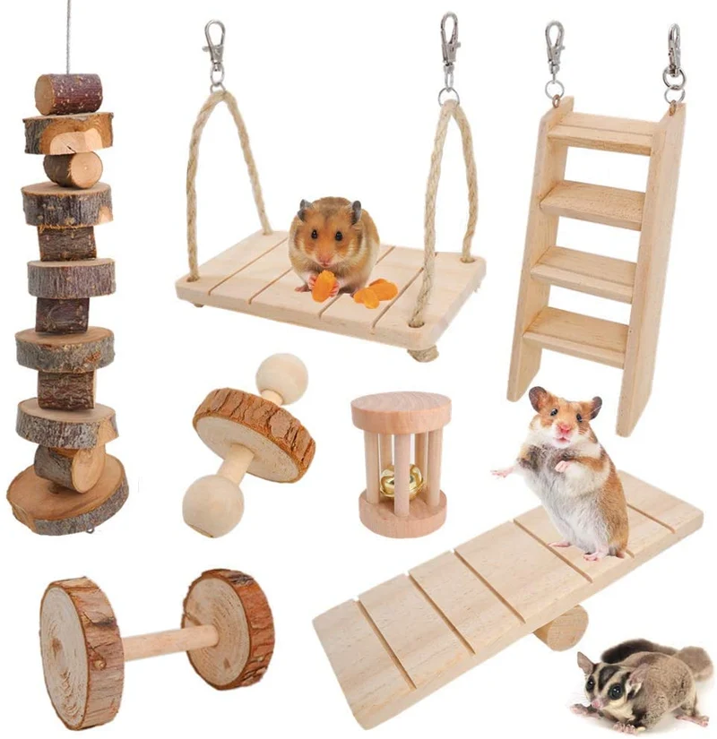 JanYoo Rabbit Toys - Juguetes para ginebra, conejo, hámster, hámster, gérmenes, rata, ejercicio, molar, rodillo de madera, columpio, sierra de mar, escalera (paquete de 7)