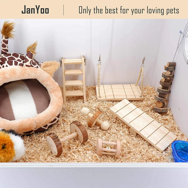 JanYoo Rabbit Toys - Juguetes para ginebra, conejo, hámster, hámster, gérmenes, rata, ejercicio, molar, rodillo de madera, columpio, sierra de mar, escalera (paquete de 7)