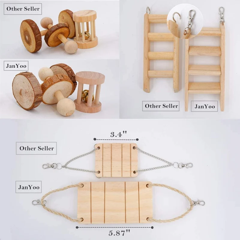 JanYoo Rabbit Toys - Juguetes para ginebra, conejo, hámster, hámster, gérmenes, rata, ejercicio, molar, rodillo de madera, columpio, sierra de mar, escalera (paquete de 7)