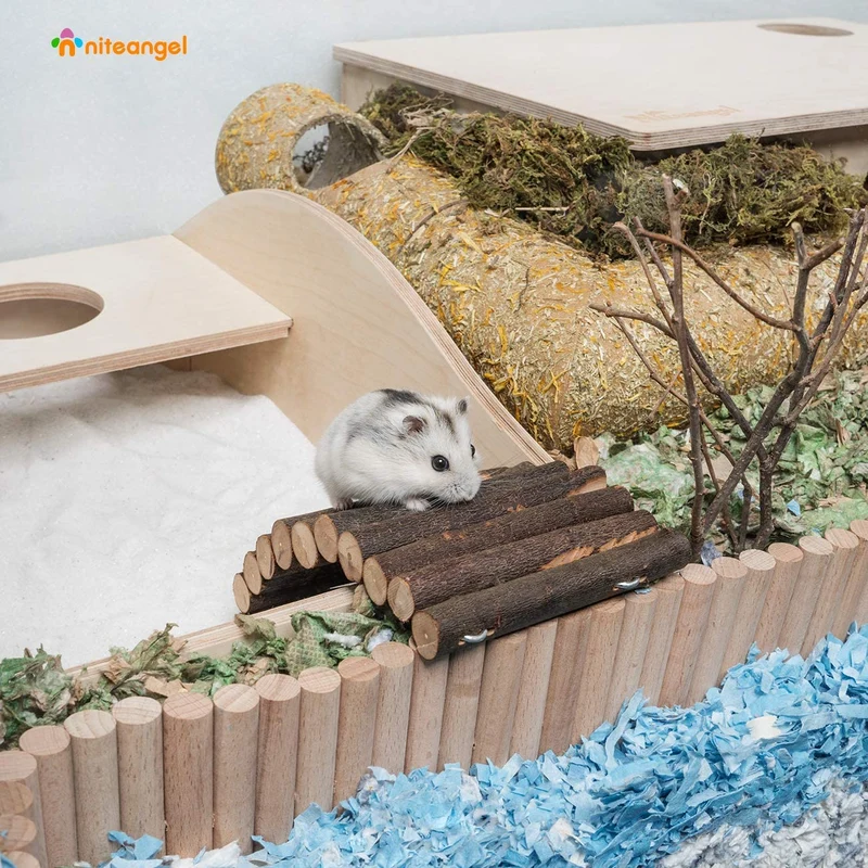 Niteangel Puente de escalera de madera, hámster ratón rata roedores juguete, pequeño animal masticar juguete