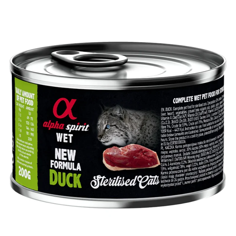 ALPHA SPIRIT GATOS ESTERILIZADOS HUMEDO LATA PATO 6X200 GR