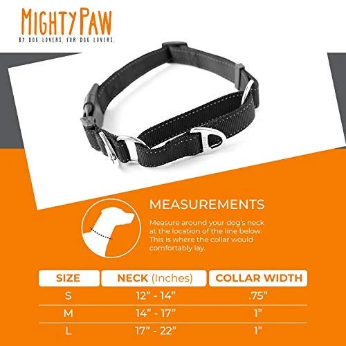 Collar de entrenamiento de nailon Mighty Paw Martingale. Nuestro collar de zapatillas de entrenamiento aprobado limitado. Collar de cincha modificado para una fuerza controlada para un entrenamiento óptimo. Costuras reflectantes para mantener a tu perro s