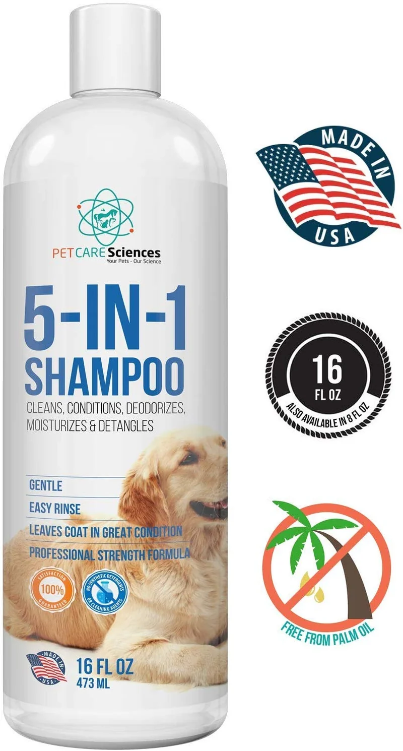 Pet Care Sciences Champú, champú y acondicionador para perros y cachorros de forma natural, fórmula 5 en 1 con coco, aloe y avena, champú para perros sin desgarros para pieles sensibles, fabricado en Estados Unidos