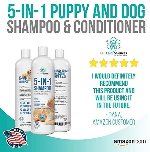 Pet Care Sciences Champú, champú y acondicionador para perros y cachorros de forma natural, fórmula 5 en 1 con coco, aloe y avena, champú para perros sin desgarros para pieles sensibles, fabricado en Estados Unidos