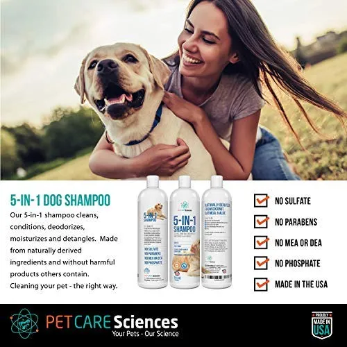 Pet Care Sciences Champú, champú y acondicionador para perros y cachorros de forma natural, fórmula 5 en 1 con coco, aloe y avena, champú para perros sin desgarros para pieles sensibles, fabricado en Estados Unidos