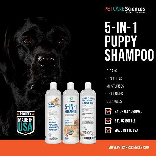 Pet Care Sciences Champú, champú y acondicionador para perros y cachorros de forma natural, fórmula 5 en 1 con coco, aloe y avena, champú para perros sin desgarros para pieles sensibles, fabricado en Estados Unidos