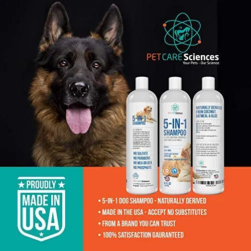 Pet Care Sciences Champú, champú y acondicionador para perros y cachorros de forma natural, fórmula 5 en 1 con coco, aloe y avena, champú para perros sin desgarros para pieles sensibles, fabricado en Estados Unidos