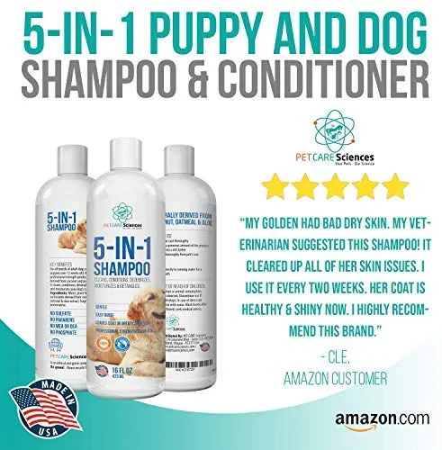 Pet Care Sciences Champú, champú y acondicionador para perros y cachorros de forma natural, fórmula 5 en 1 con coco, aloe y avena, champú para perros sin desgarros para pieles sensibles, fabricado en Estados Unidos