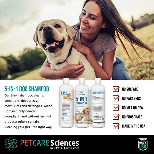 Pet Care Sciences Champú, champú y acondicionador para perros y cachorros de forma natural, fórmula 5 en 1 con coco, aloe y avena, champú para perros sin desgarros para pieles sensibles, fabricado en Estados Unidos