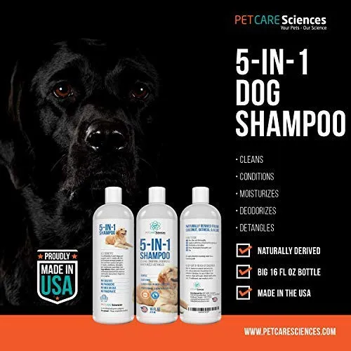 Pet Care Sciences Champú, champú y acondicionador para perros y cachorros de forma natural, fórmula 5 en 1 con coco, aloe y avena, champú para perros sin desgarros para pieles sensibles, fabricado en Estados Unidos