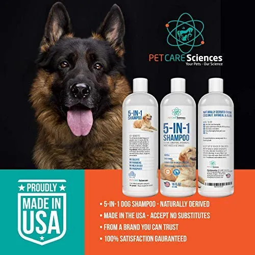 Pet Care Sciences Champú, champú y acondicionador para perros y cachorros de forma natural, fórmula 5 en 1 con coco, aloe y avena, champú para perros sin desgarros para pieles sensibles, fabricado en Estados Unidos