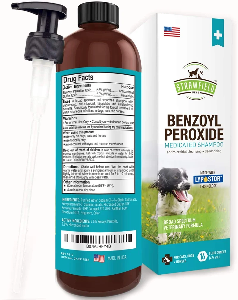Benzoyl Peroxide Champú para Perros, Gatos, Sulfur - 16 oz - Champú Medicado para Perros Smelly, Anti Itch Dry Skin Allergy Treatment, Folliculitis, Seborrea, Dermatitis, Caspa, Infección, Mange