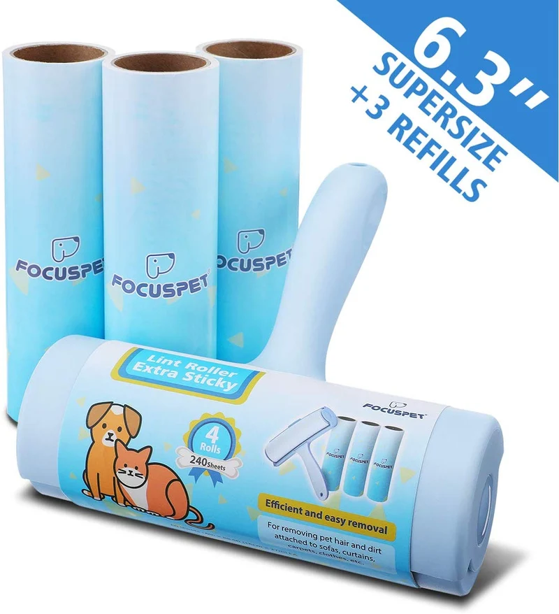 FOCUSPET Lint Roller for Pet Hair, Extra Large Hair Remover for Furniture, Clothes, Laundry Extra Sticky Supersize 6.3 inches Lint Removal Total 240 Sheets (1 Lint Roller + 3 Refills)