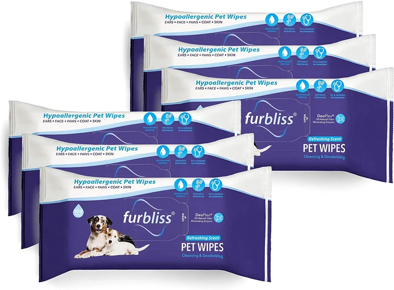 Toallitas para mascotas Furbliss para perros y gatos, limpieza de aseo y desodorante, toallitas gruesas hipoalergénicas con desodorante Deoplex natural 100 unidades