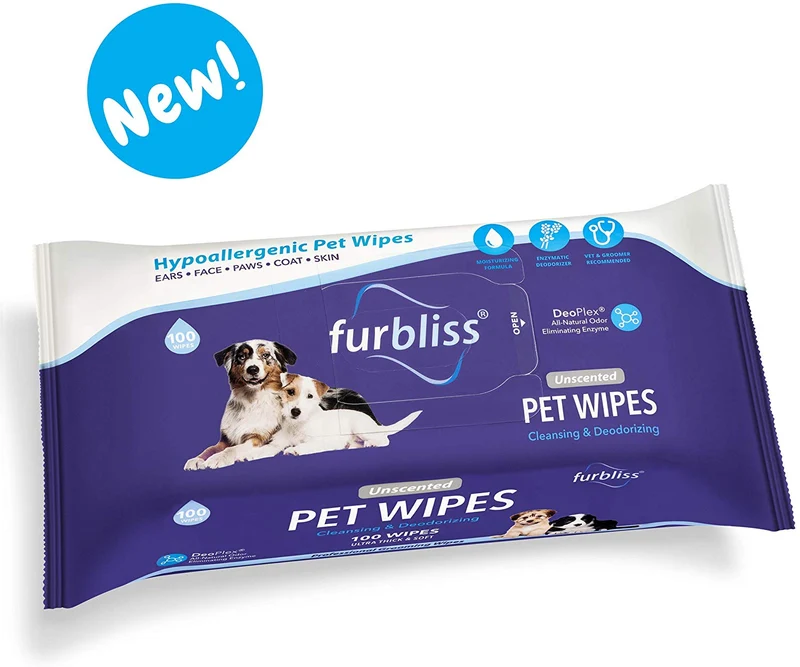 Toallitas para mascotas Furbliss para perros y gatos, limpieza de aseo y desodorante, toallitas gruesas hipoalergénicas con desodorante Deoplex natural 100 unidades