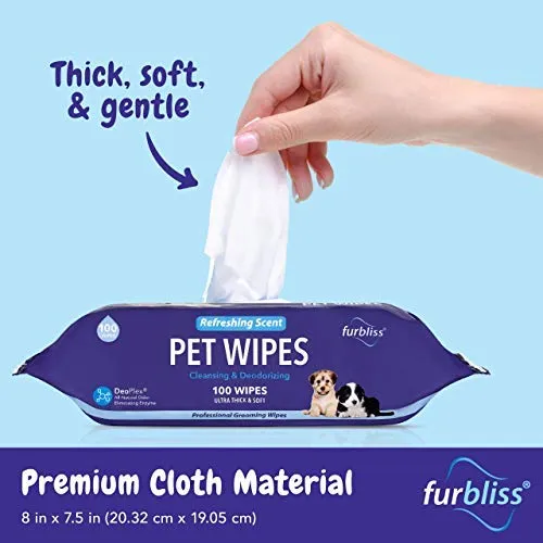 Toallitas para mascotas Furbliss para perros y gatos, limpieza de aseo y desodorante, toallitas gruesas hipoalergénicas con desodorante Deoplex natural 100 unidades