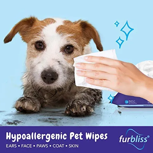 Toallitas para mascotas Furbliss para perros y gatos, limpieza de aseo y desodorante, toallitas gruesas hipoalergénicas con desodorante Deoplex natural 100 unidades