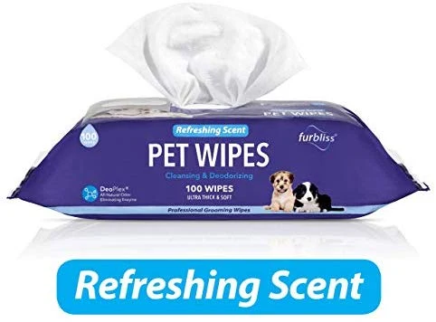 Toallitas para mascotas Furbliss para perros y gatos, limpieza de aseo y desodorante, toallitas gruesas hipoalergénicas con desodorante Deoplex natural 100 unidades