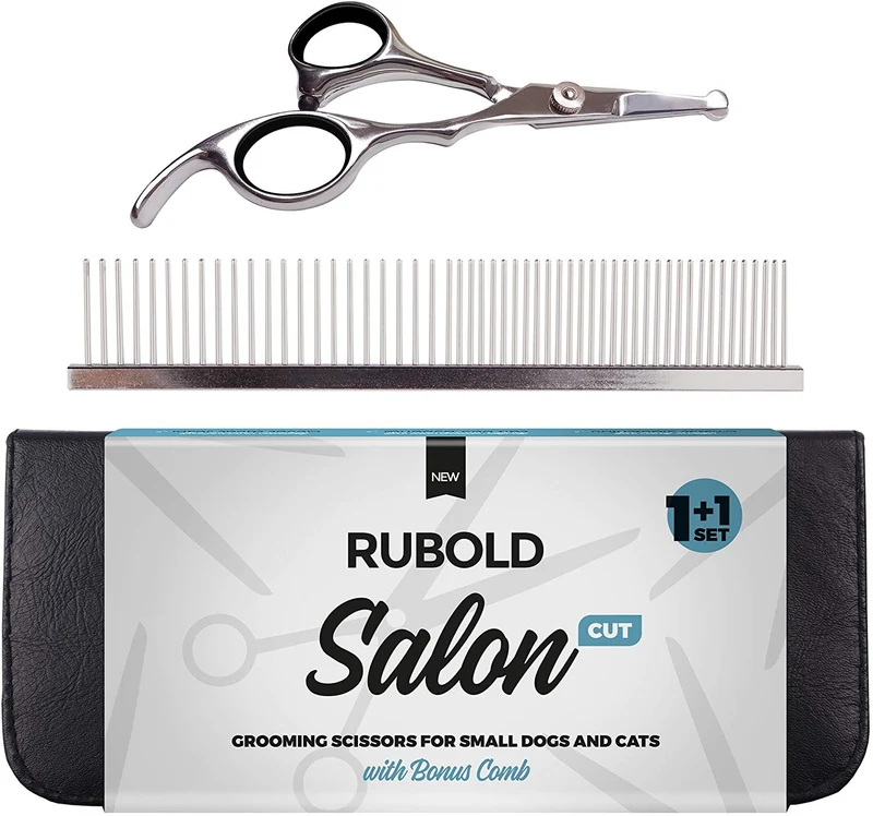 RUBOLD Juego de tijeras profesionales de aseo para perros, punta redondeada de acero inoxidable, tijeras afiladas y duraderas con peine de aseo para mascotas en kit – las mejores herramientas para recortar cada perro y gato salon
