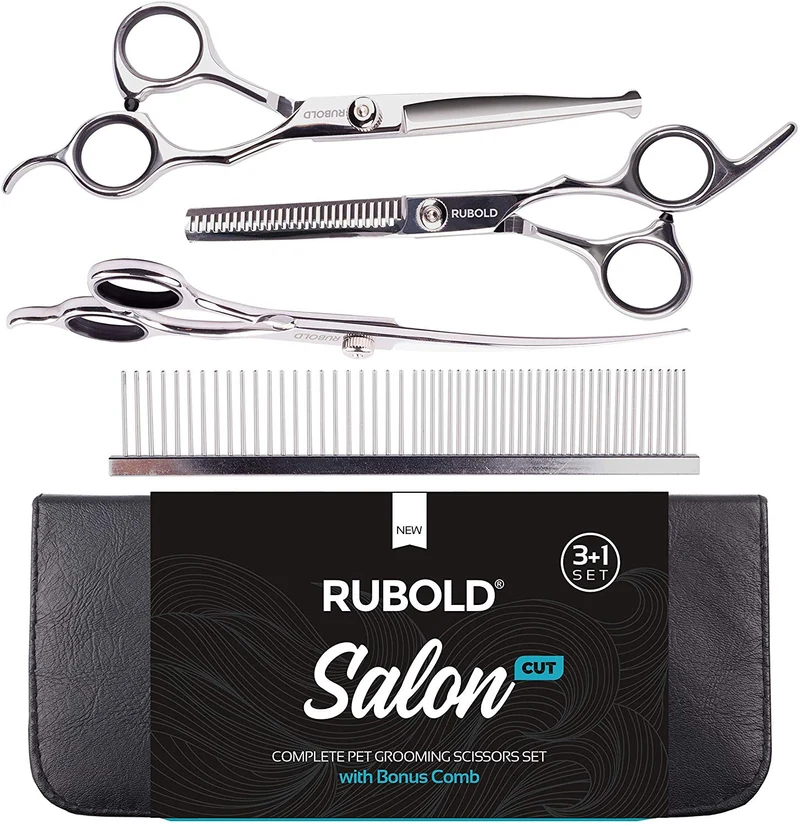 RUBOLD Juego de tijeras profesionales de aseo para perros, punta redondeada de acero inoxidable, tijeras afiladas y duraderas con peine de aseo para mascotas en kit – las mejores herramientas para recortar cada perro y gato salon