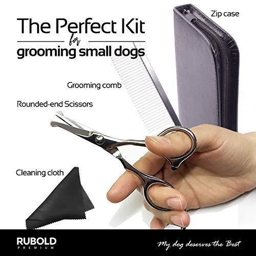 RUBOLD Juego de tijeras profesionales de aseo para perros, punta redondeada de acero inoxidable, tijeras afiladas y duraderas con peine de aseo para mascotas en kit – las mejores herramientas para recortar cada perro y gato salon