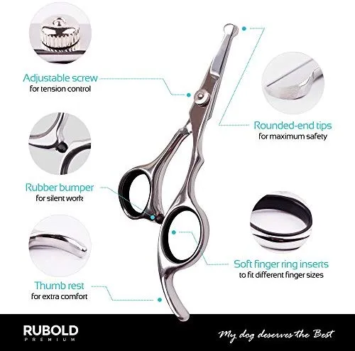RUBOLD Juego de tijeras profesionales de aseo para perros, punta redondeada de acero inoxidable, tijeras afiladas y duraderas con peine de aseo para mascotas en kit – las mejores herramientas para recortar cada perro y gato salon