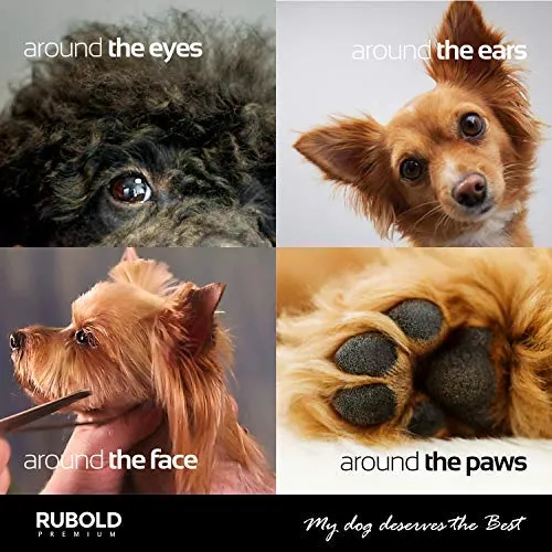 RUBOLD Juego de tijeras profesionales de aseo para perros, punta redondeada de acero inoxidable, tijeras afiladas y duraderas con peine de aseo para mascotas en kit – las mejores herramientas para recortar cada perro y gato salon
