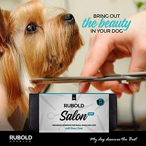 RUBOLD Juego de tijeras profesionales de aseo para perros, punta redondeada de acero inoxidable, tijeras afiladas y duraderas con peine de aseo para mascotas en kit – las mejores herramientas para recortar cada perro y gato salon