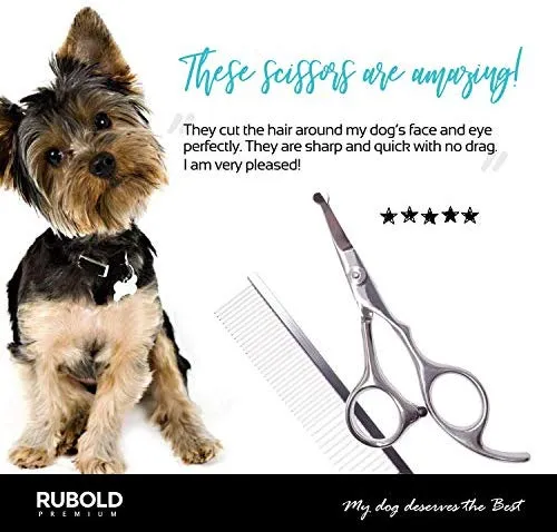 RUBOLD Juego de tijeras profesionales de aseo para perros, punta redondeada de acero inoxidable, tijeras afiladas y duraderas con peine de aseo para mascotas en kit – las mejores herramientas para recortar cada perro y gato salon