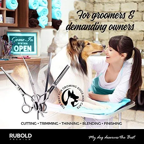 RUBOLD Juego de tijeras profesionales de aseo para perros, punta redondeada de acero inoxidable, tijeras afiladas y duraderas con peine de aseo para mascotas en kit – las mejores herramientas para recortar cada perro y gato salon