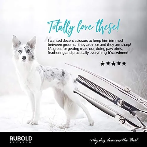 RUBOLD Juego de tijeras profesionales de aseo para perros, punta redondeada de acero inoxidable, tijeras afiladas y duraderas con peine de aseo para mascotas en kit – las mejores herramientas para recortar cada perro y gato salon