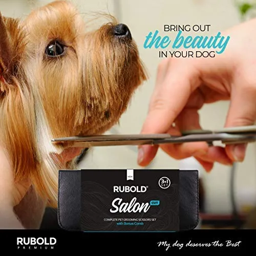 RUBOLD Juego de tijeras profesionales de aseo para perros, punta redondeada de acero inoxidable, tijeras afiladas y duraderas con peine de aseo para mascotas en kit – las mejores herramientas para recortar cada perro y gato salon