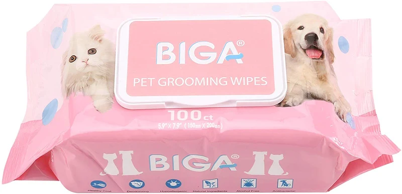 Toallitas desodorizantes hipoalergénicas para mascotas con fragancia, orgánicas naturales y antibacterianas para la limpieza de los ojos de la cara, las orejas, las patas de los dientes, 100 unidades por paquete