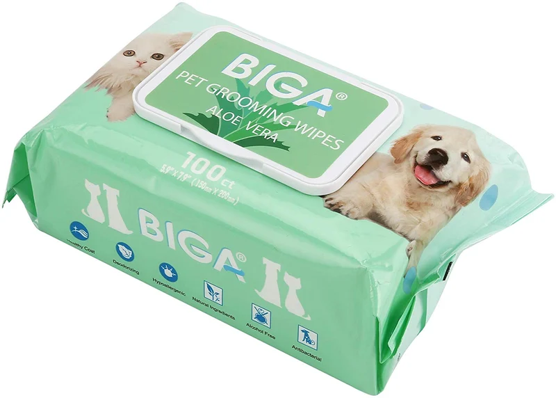 Toallitas desodorizantes hipoalergénicas para mascotas con fragancia, orgánicas naturales y antibacterianas para la limpieza de los ojos de la cara, las orejas, las patas de los dientes, 100 unidades por paquete